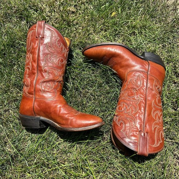 Tony Lama Western Cowhide Leather Cowboy Boots Men's 9 1/2 D Brown Made … - Picture 1 of 11